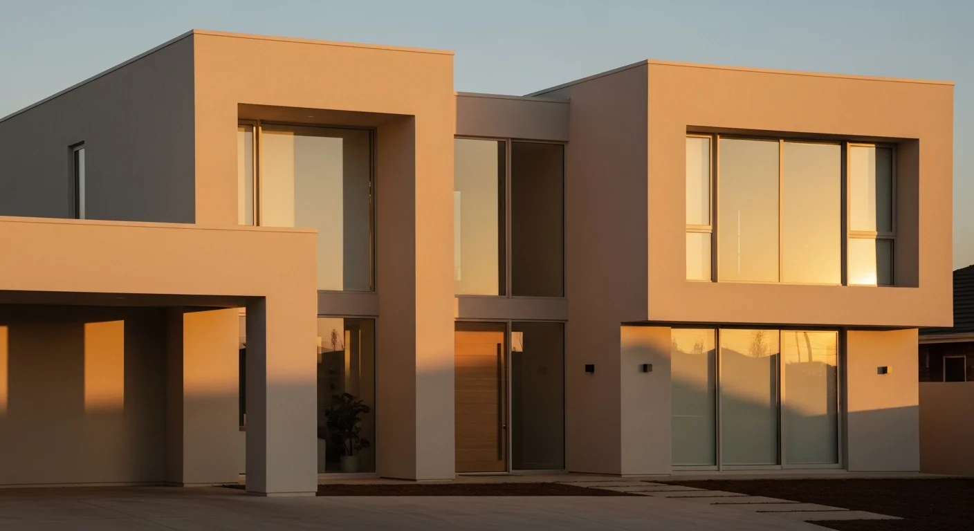 Modernes Wohnhaus mit beigefarbener Putzfassade und großen Fenstern im Abendlicht